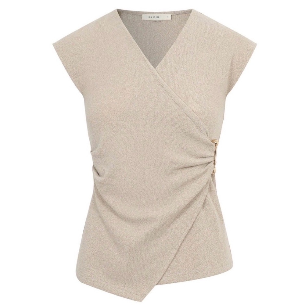 Akris Punto Beige Wrap-Front Cap Sleeve Blouse